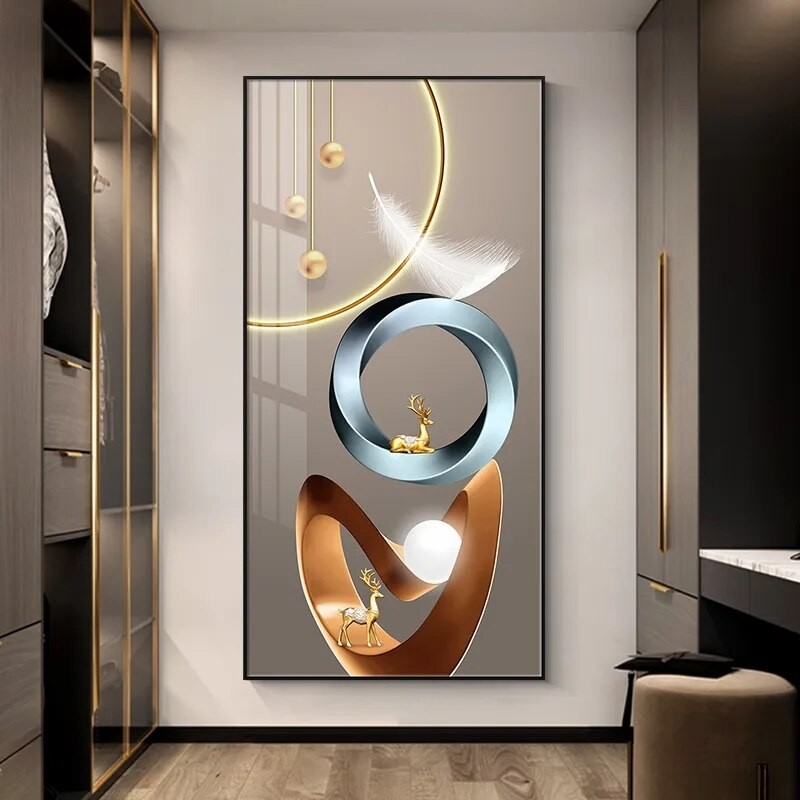 

Luxurious Abstract Geometry Feather Leaf Canvas Painting with Deer Golden Wall Art for Living Room Bedroom Decor