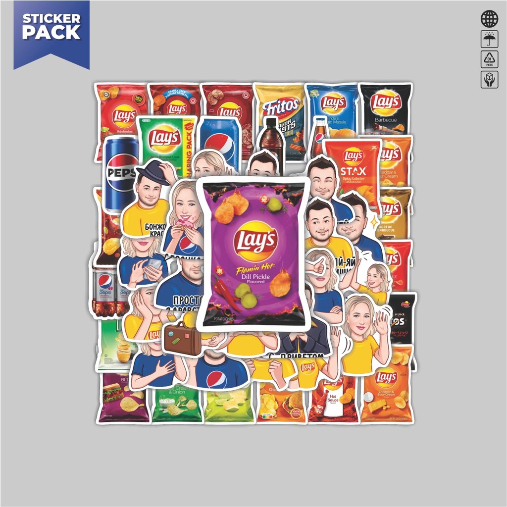 

[100PCS]Stiker Pack Stiker Makanan Ringan Lays & Pepsi Aesthetic Vinyl Anti Air Dekorasi Sticker Laptop Buku Journal Koper Helm Casing HP Gitar Helm Skateboard