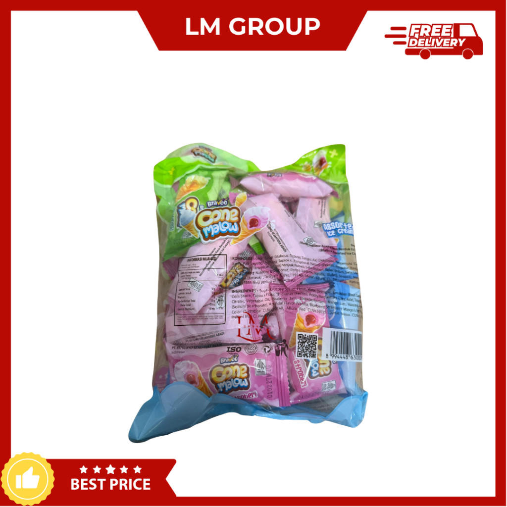 

[1 PACK isi 20 pcs] Bravoo Cone Mallow Marshmallow Bentuk Ice Cream Rasa Buah 20x4.6gr Cemilan LM Snack Grosir
