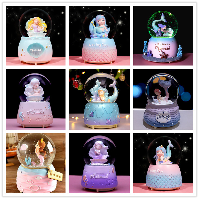 Crystal Ball Music Box Mermaid Girls Birthady Gifts Glowing Snowflakes Music Box Home Decoration Des