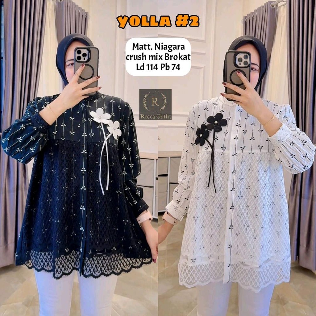 Yolla Kemeja Blouse Atasan Hitam Putih Motif Bunga Kombinasi Tile XXL