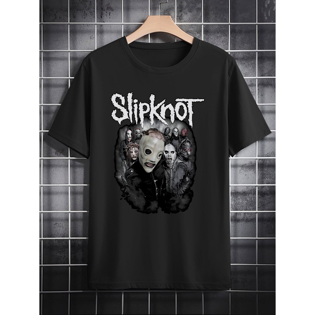 Kaos Pria Band Slipknot Sablon 3D Timbul Baju Musik Metal Lengan Pendek Bahan Katun