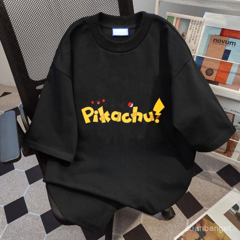 Kaos bermotif hitam putih untuk pria dan wanita Ekor Kuning Pikachu 100% katun   Kaos Oversize Wanit