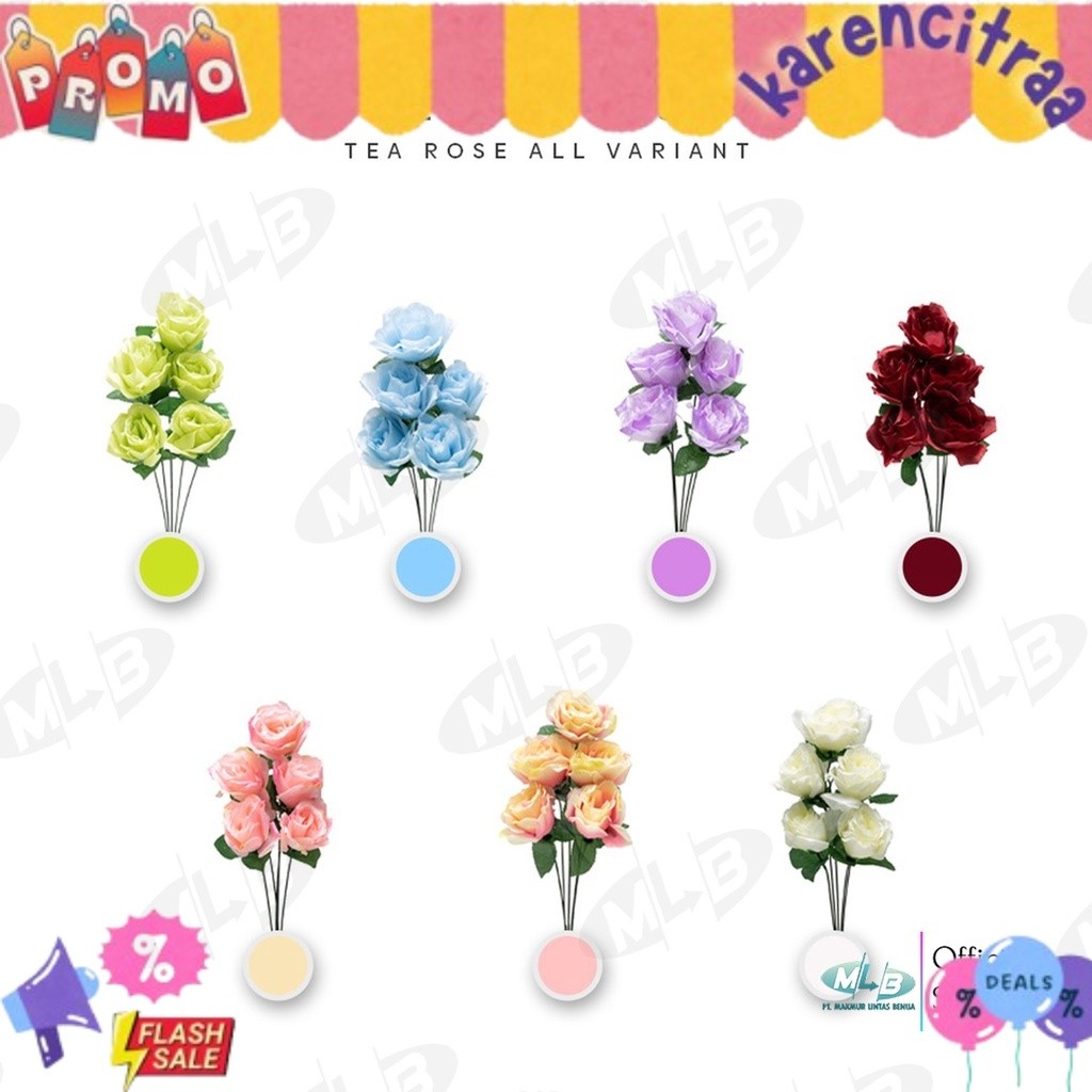 MLB Bunga Tea Rose Mawar Cabang 5 Tangkaian Artificial Premium Hiasan Buket Dekorasi Hantaran ORDER 
