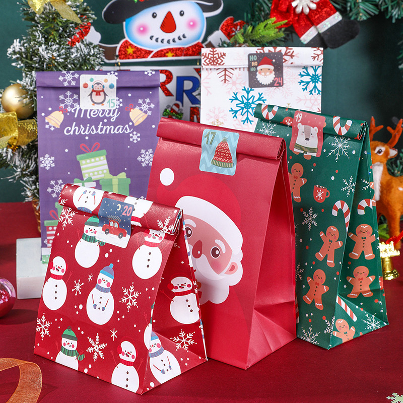 

12pcs Mixed Kraft Paper Candy Cookie Bag Santa Claus Snowman Gift Packing Bags Xmas Navidad Party Decor Supplies