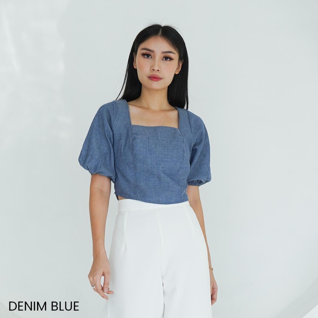 Square Puffy Top Denim Look Bianca Baju Atasan Wanita Top Blouse