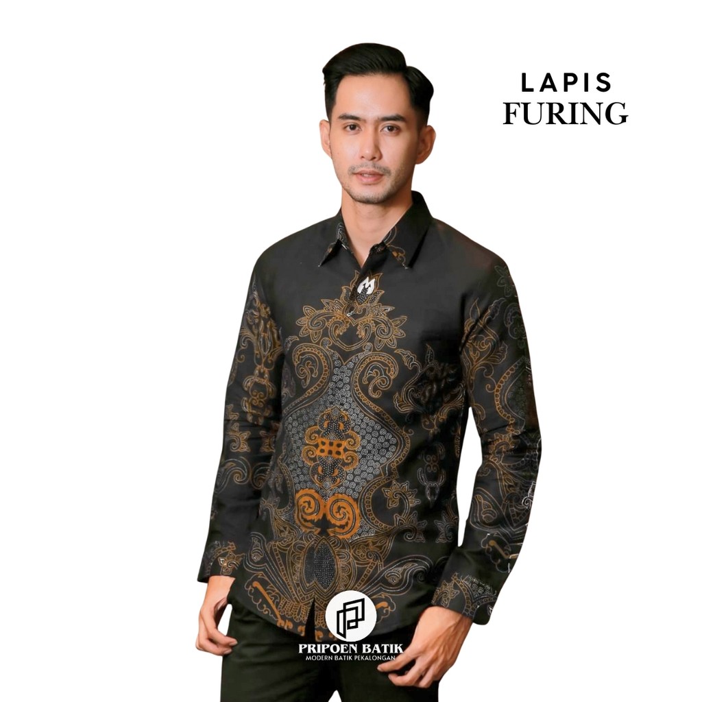 PRIPOEN BATIK - Kemeja Batik Pria LAPIS FURING Baju Batik Slimfit Lengan Panjang Warna Biru Denim