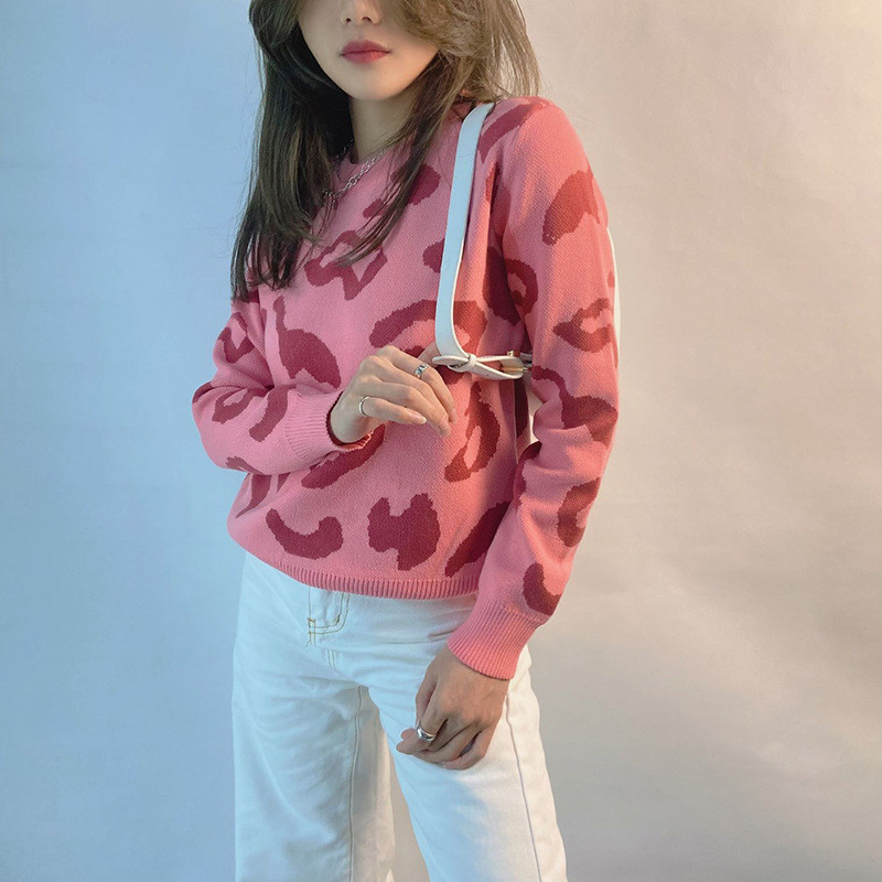 NGOSID Kaus Rajut Macan Tutul Wanita, Sweater Lengan Panjang Kasual Longgar Leher Kura-kura Lintas B
