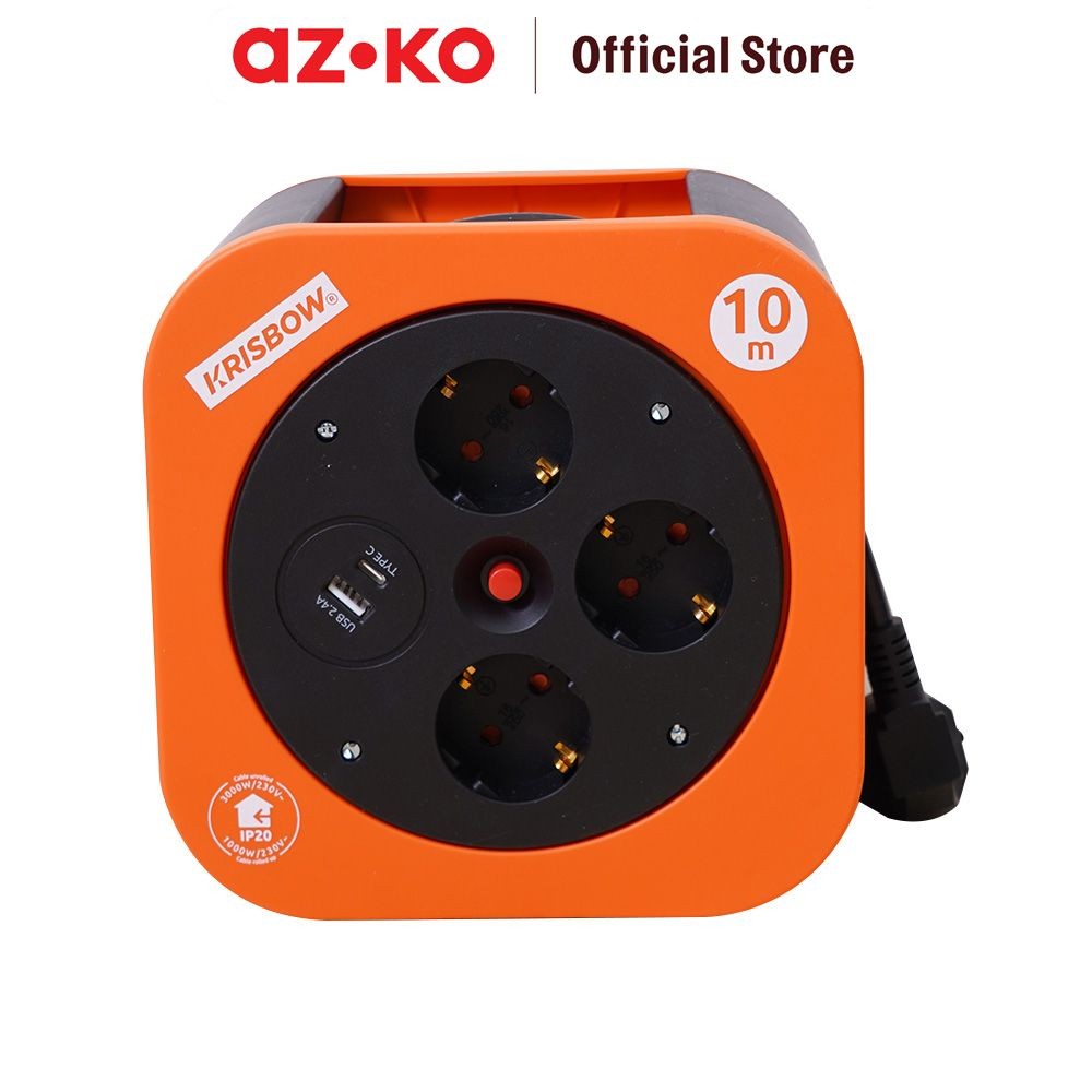 AZKO Krisbow 10 mtr Kabel Roll 3 Socket Dengan Usb & Type C - Hitam/Oranye Cable Reel Terminal Colok