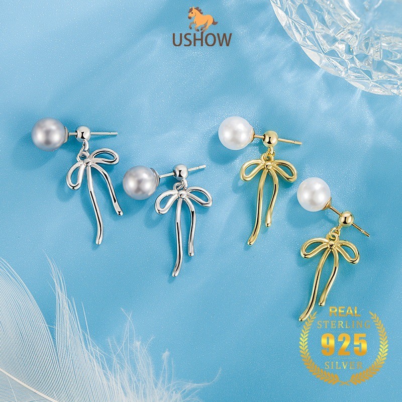 USHOW Anting-anting Mutiara Pita Panjang Perak S925 Fashion