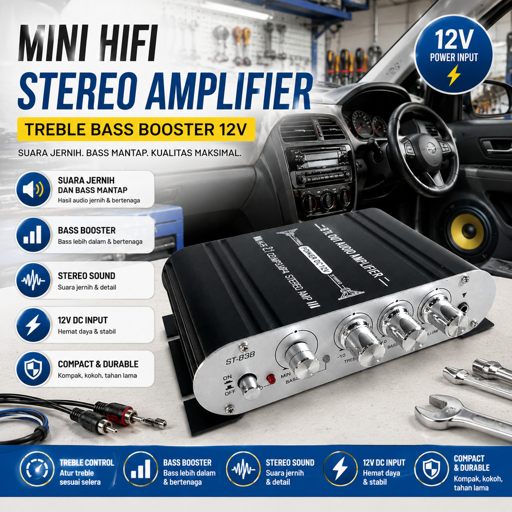 Ampli Mobil Tape Mobil 12 Volt HiFi Stereo Bass Booster Murah