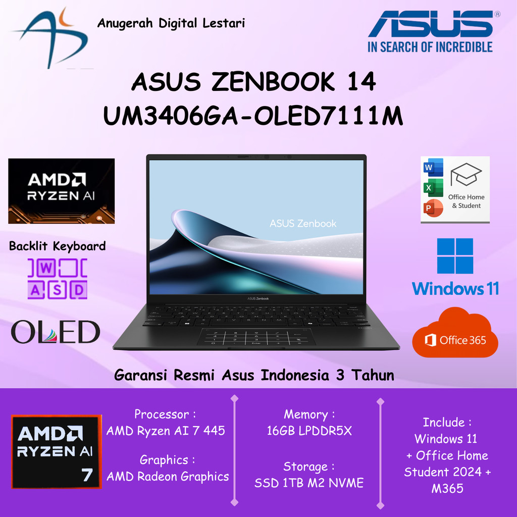 Asus Zenbook OLED 14 UM3406GA-OLED7111M Ryzen AI 7-445 16GB SSD 1TB 14"WUXGA OLED 120Hz