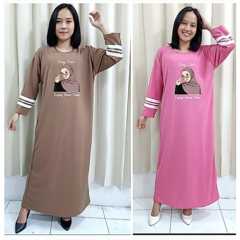 Gamis wanita dewasa Stay CHIC Lengan panjang garis pakaian perempuan kaos