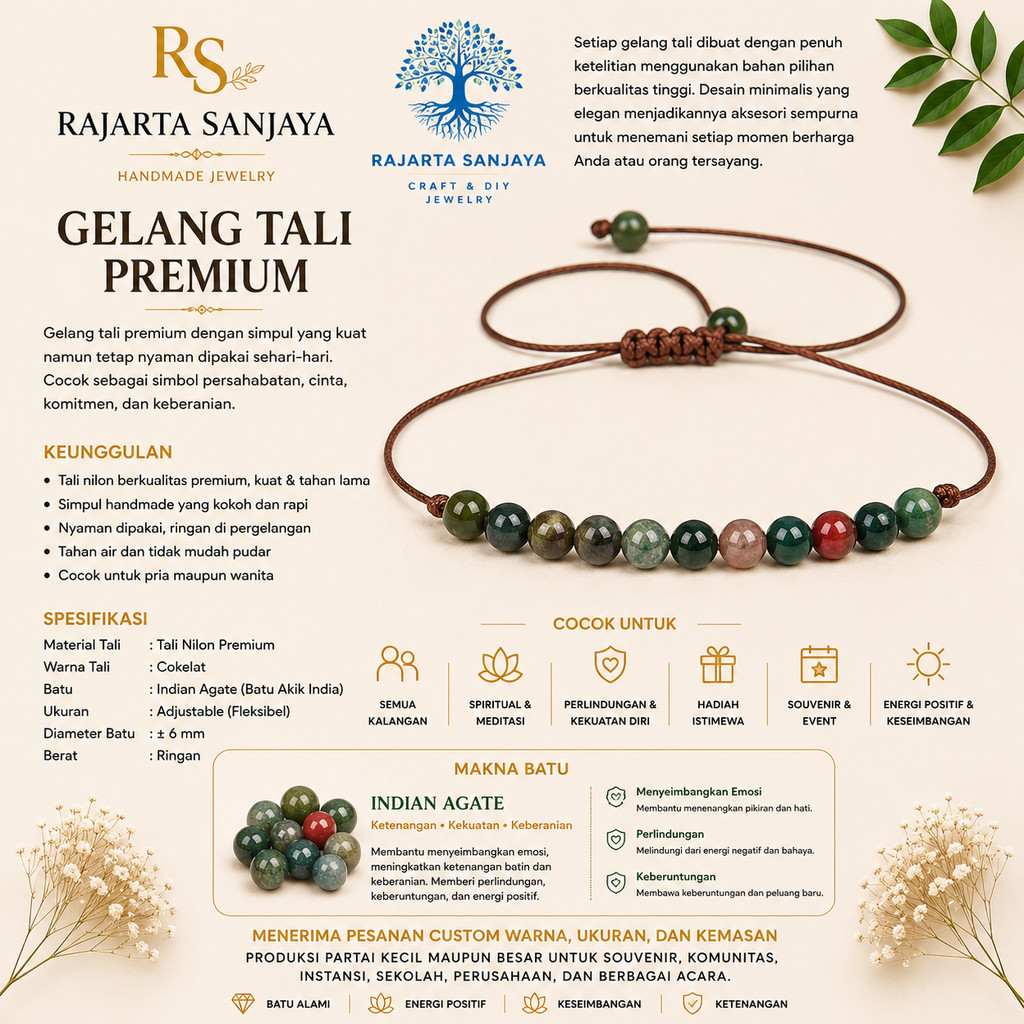 Gelang Tali Minimalis Batu Indian Agate
