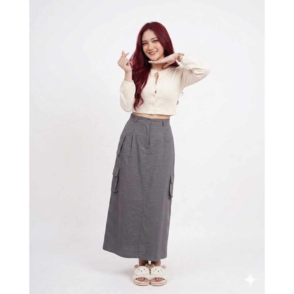 Rok Span Cargo - Rok Cargo Muslimah  Bahan Linen Crinckle Terbaru Kekinian Korean Style