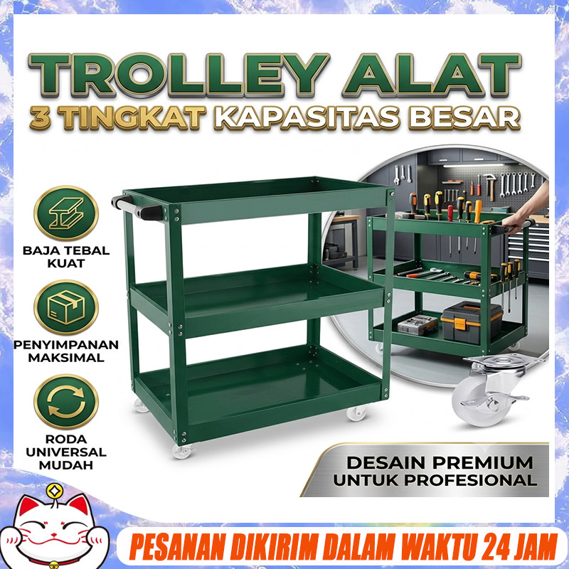 Rak Troli Bengkel 3 Susun Tool Cart Heavy Duty Rak Dorong Perkakas Service Mobil Motor Detailing Sal