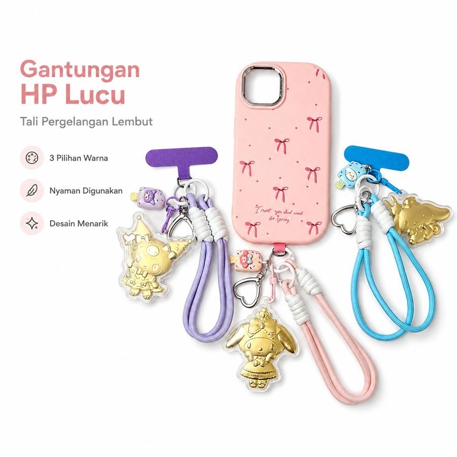 Gantungan hp tali gantung motif lucu imitasi emas keychain hiasan tas kado pacar imut