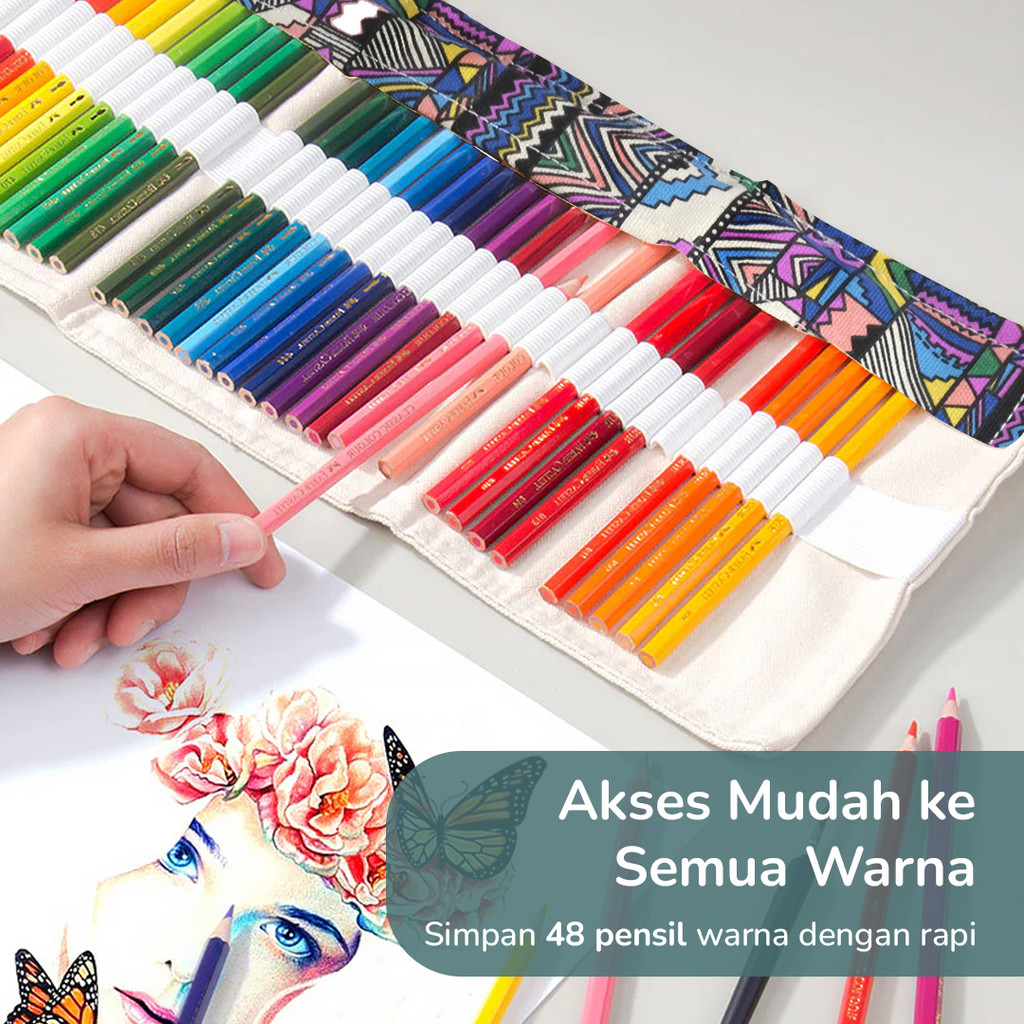 

MARCO Bohemian Pencil Case Gulung Canvas 48 Slot 20.5x56cm Tempat Pensil Organizer Multifungsi untuk Alat Tulis