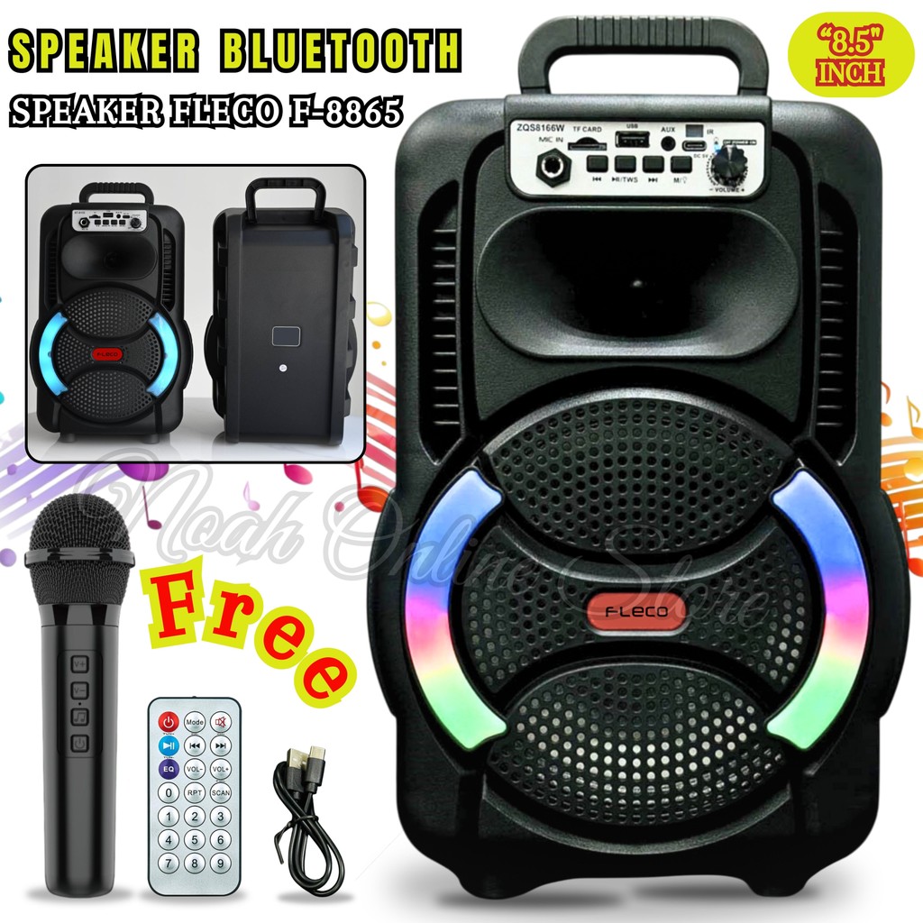 SERBA COD SPEAKER BLUETOOTH FLECO F-8865 GR LED 8'5 INCH FREE MIC WIRELESS KARAOKE + REMOTE - SPEAKE