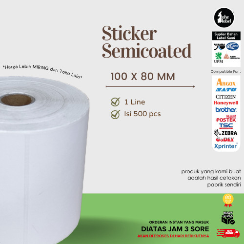 

LABEL STIKER SEMICOATED 100X80 MM LABEL BARCODE SEMICOATED 100X80 MM ISI 500 PCS