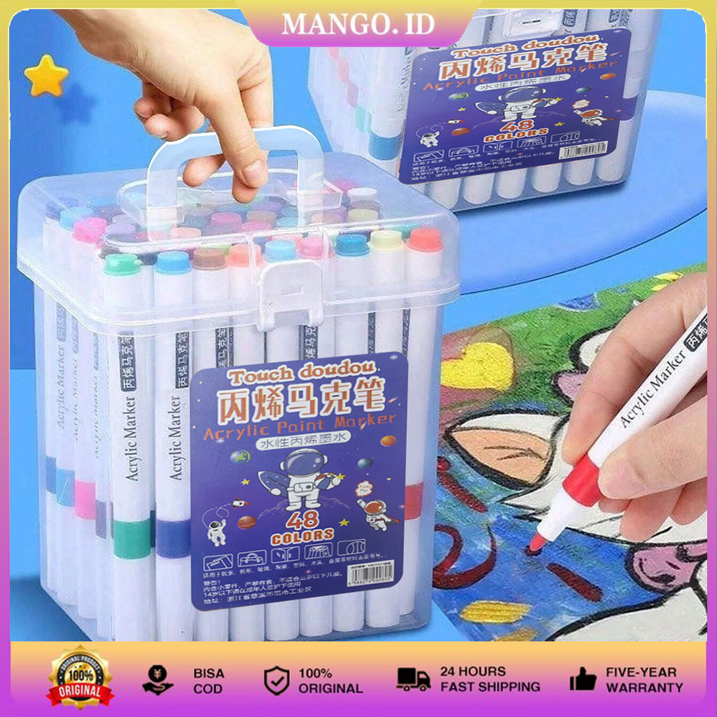 

New Spidol Seni Akrilik / Acrylic Marker Water Based Warna Cerah 24/36/48/60/80 Warna Set - Tinta Waterproof & Ujung Fleksibel untuk Media Batu/KainPremium