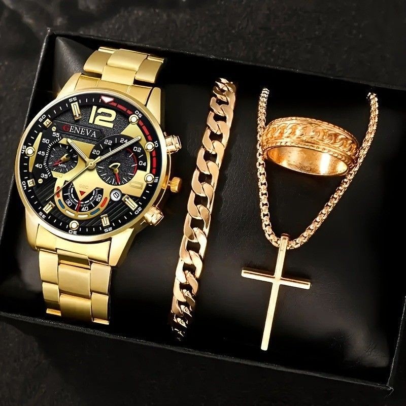Men's Watch Large Dial Steel Band Men's Watch Quartz Watch Bracelet Necklace Ring Set
