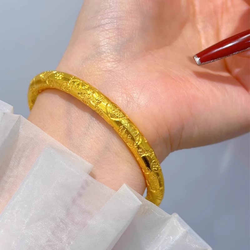 Gelang keberuntungan emas kuno 7N versi lebar wanita solid tertutup kuning keemasan terukir gelang g