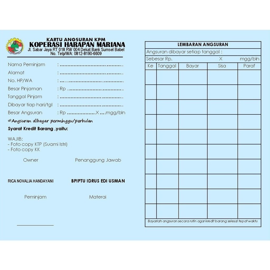 

KARTU ANGSURAN KOPERASI LIPAT 2/ KARTU ANGSURAN KSP LIPAT 2