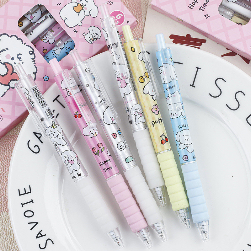 

-JOJU- 1 SET ISI 6 PULPEN GEL MEKANIK MOTIF HAPPY DOGGY KAWAII WARNA PASTEL LUCU IMUT