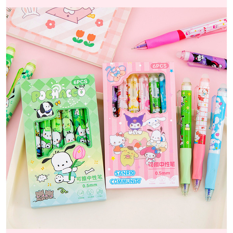 

-JOJU- PULPEN GEL MEKANIK 1 SET ISI 6 PCS TINTA HITAM YANG BISA DIHAPUS MOTIF KARTUN KAWAII CUTE