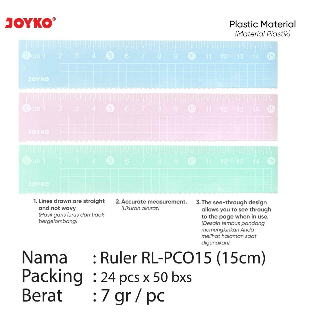 

Garisan Joyko RL-PCO15 Pengaris Plastik (pcs)