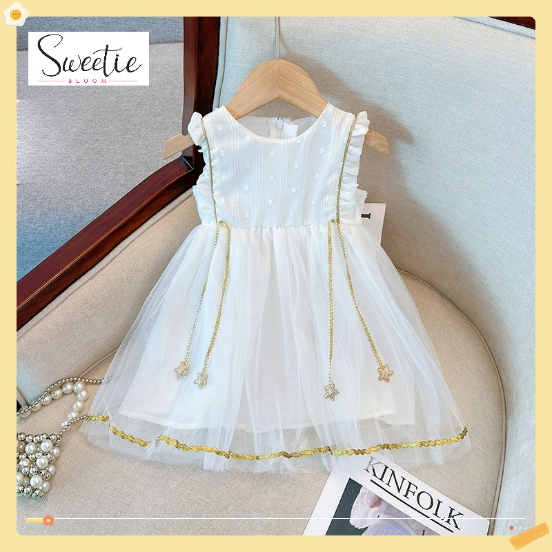 【Sweetie Bloom】Gaun Putih Anak Perempuan Satin Bintik Halus Lengan Kerut Rok Jaring Rantai Bintang P
