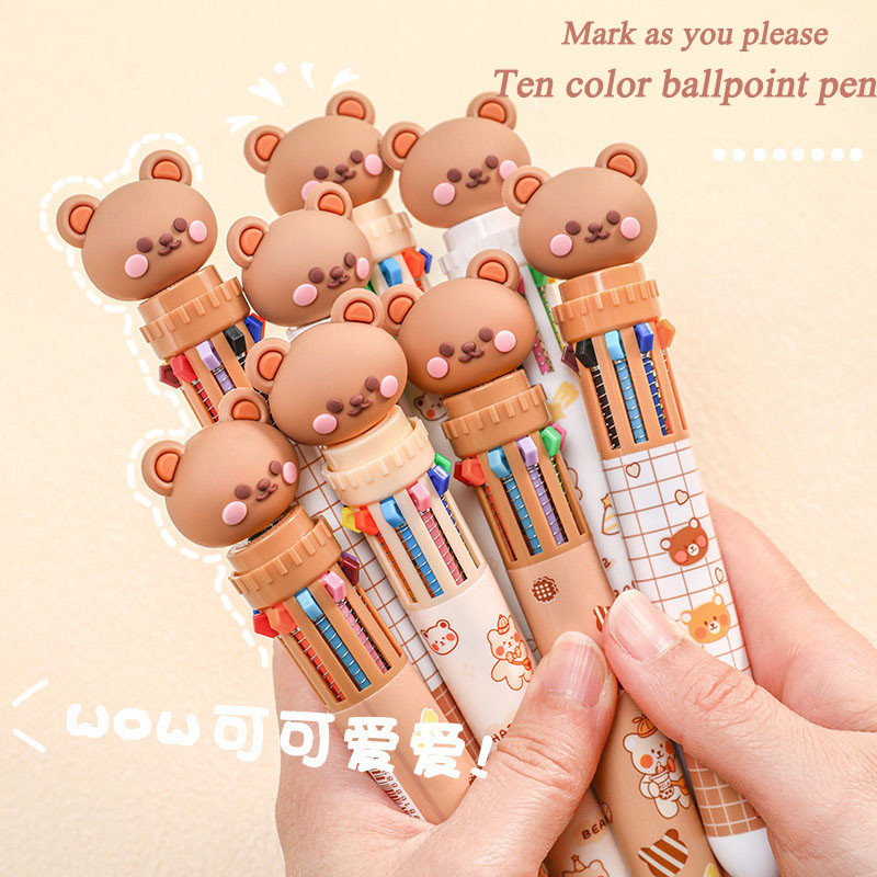 

1/5/10pcs 10 color kawaii teddy bear cartoon press pen multi-color color pen student supplies stationery press ballpoint pen