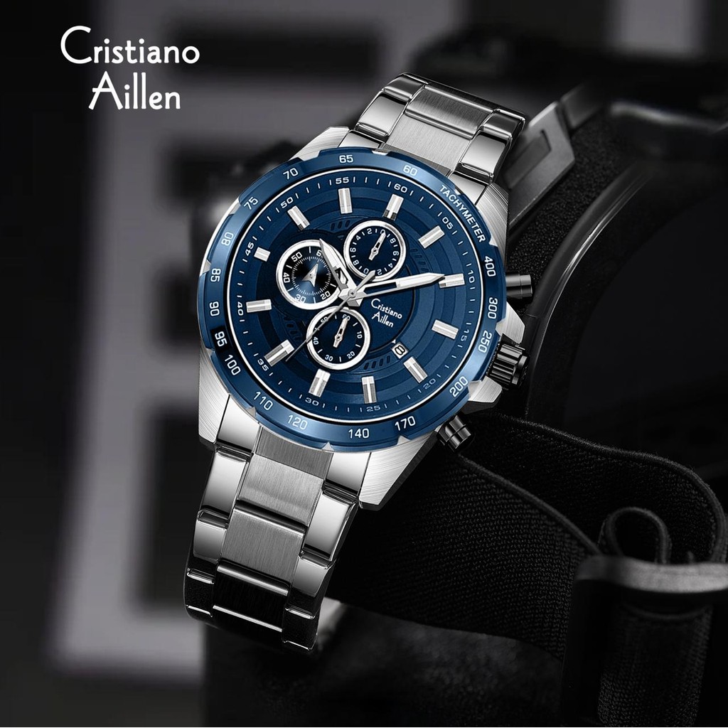 Jam Tangan  Cristiano Aillen Jam Tangan Pria Analog 8908 Rantai Stainless Steel Chronograph Kaca Sap