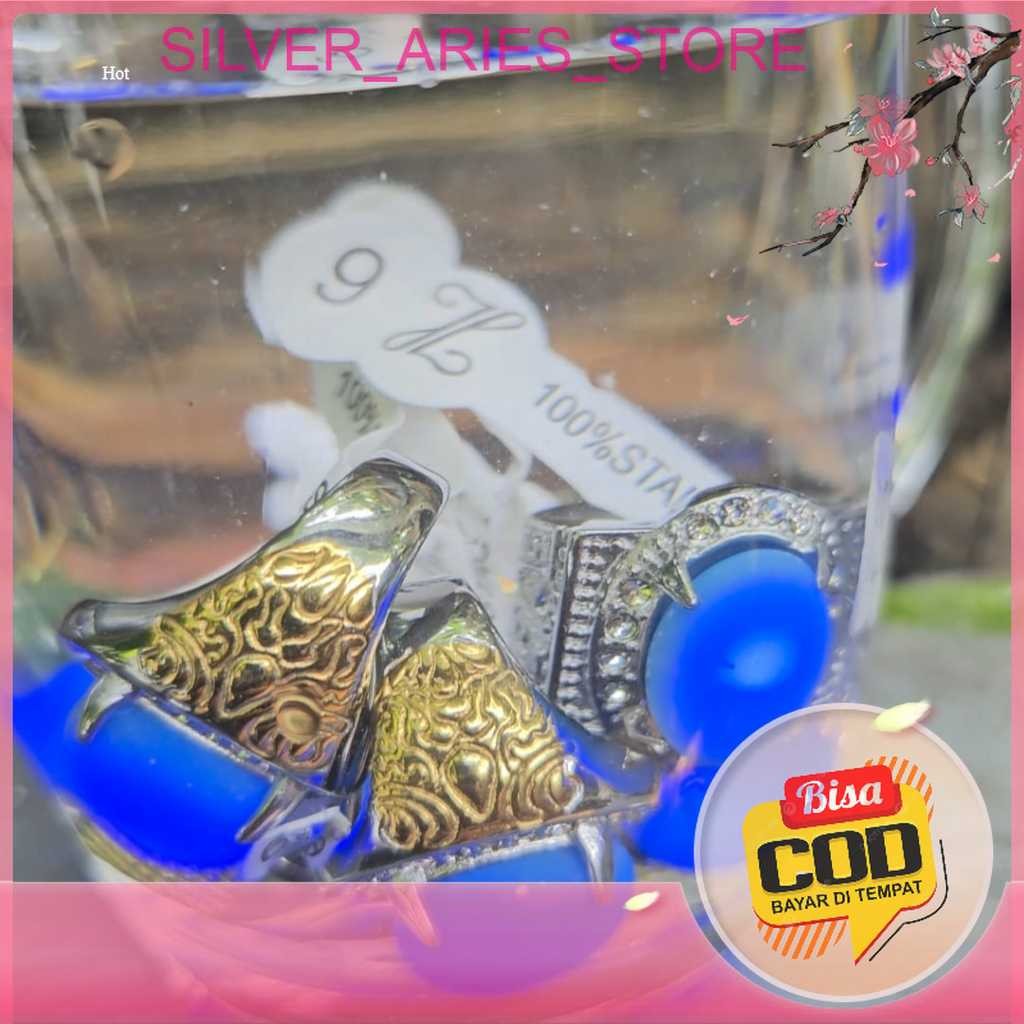 Silver Aries. Cincin Biru Safir Sulap menyala dalam air, Ring Titanium Stainless Steel Anti Karat An