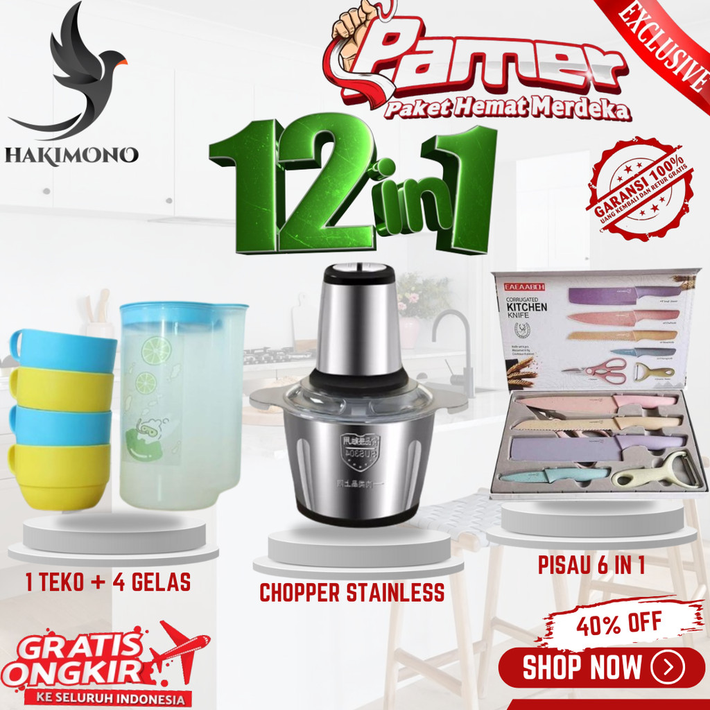 COMBO 12 IN 1 SUPER HEMAT PAKET MERDEKA (BLENDER CHOPPER STAINLESS, 4 GELAS, 1 TEKO, 6 PISAU)