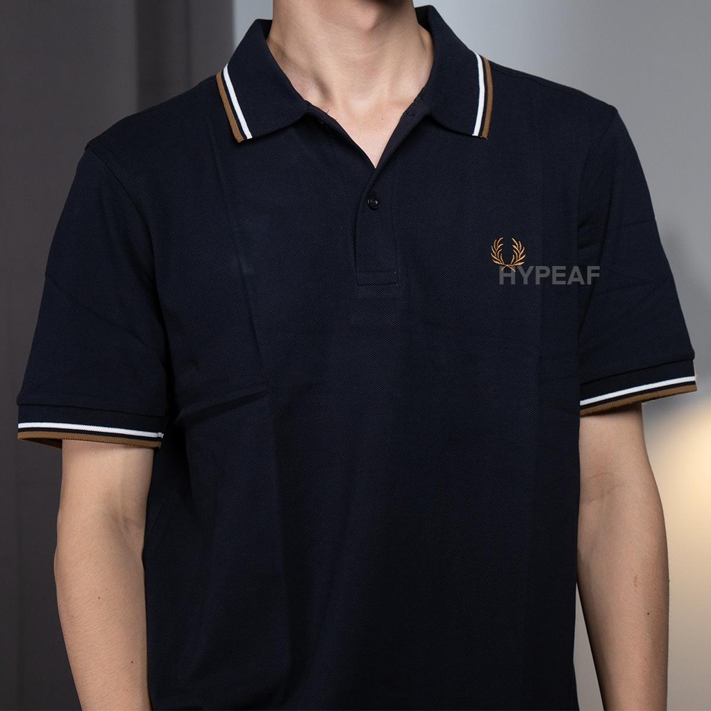 FRED PERRY Twin Tipped White Camel Brown Navy Polo Shirt Authentic / Kaos Polo FP Original