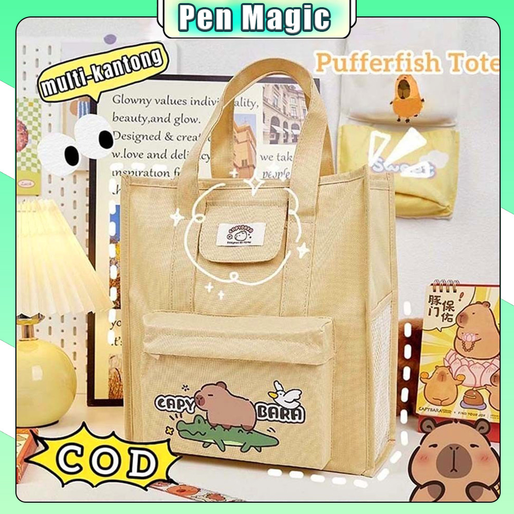 Kartun Tas Multifungsi Tas Jinjing Kapasitas Besar Pufferfish Tote Guru Anak Tote Book Organizer