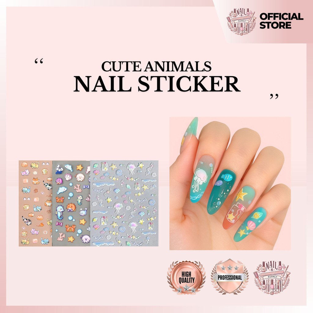 Stiker Kuku Nail Art 3D Timbul Hewan Laut Ocean Lucu Kartun | Stiker Kucing Hewan Imut