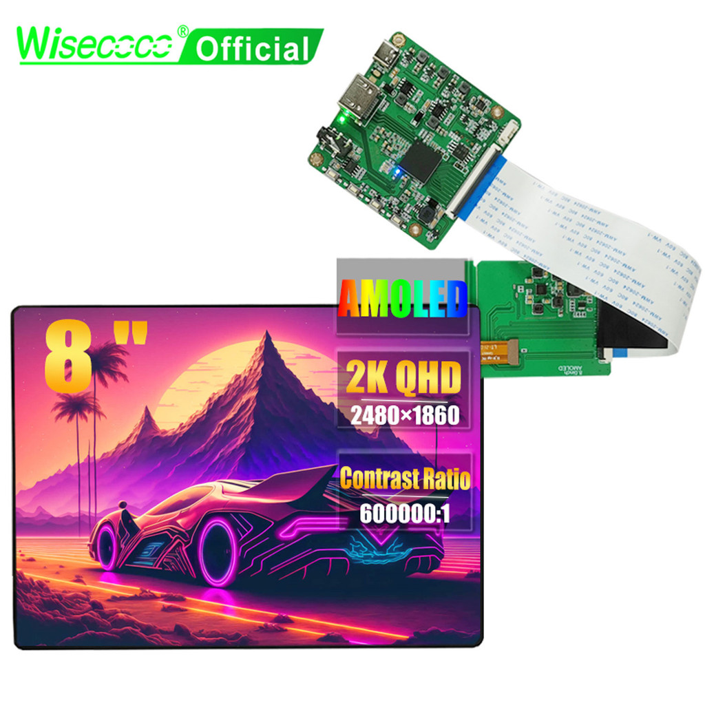 Wisecoco 8 In OLED 2K Screen AMOLED IPS splay Raspberry Pi Bright Adjustable 180° Rotation For Autom