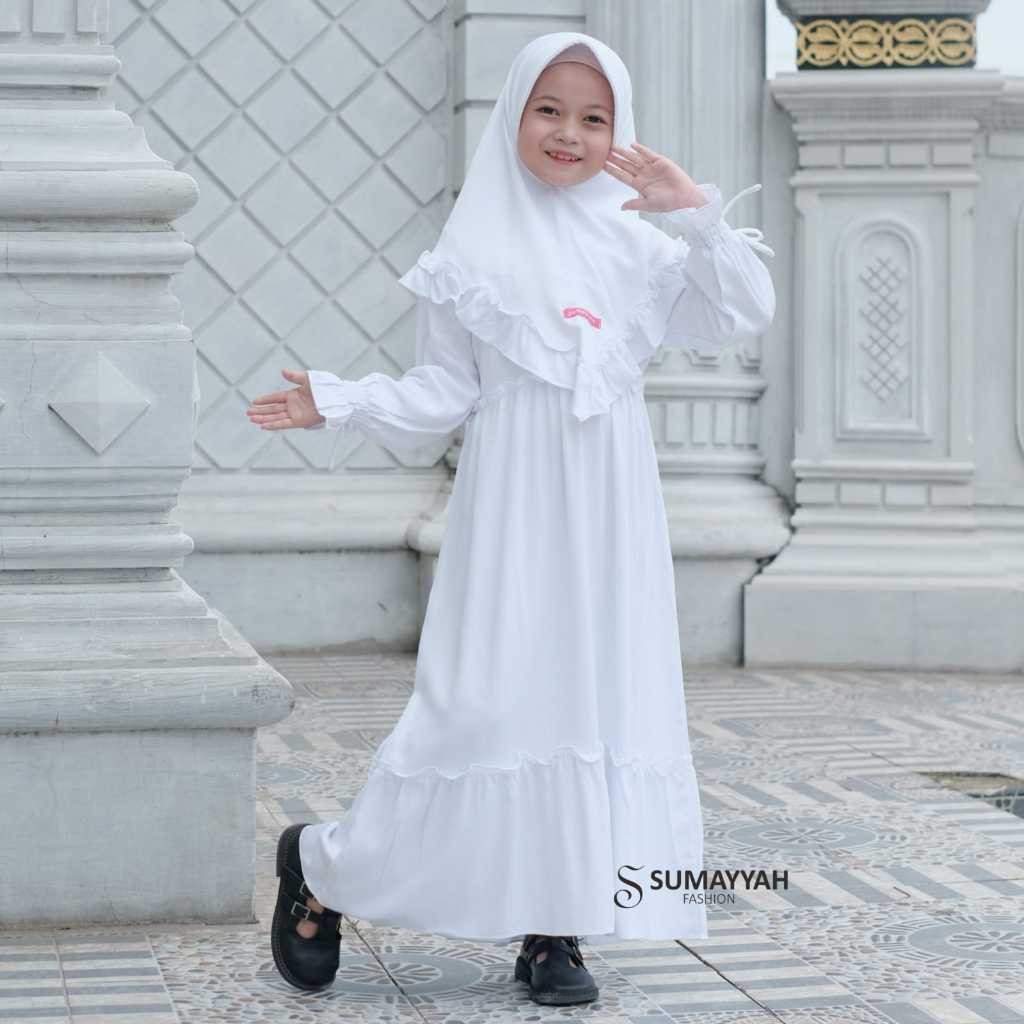 HUNTEDMANE Gamis Putih Anak Manasik Haji Set Hijab Bahan Rayon Twill Premium