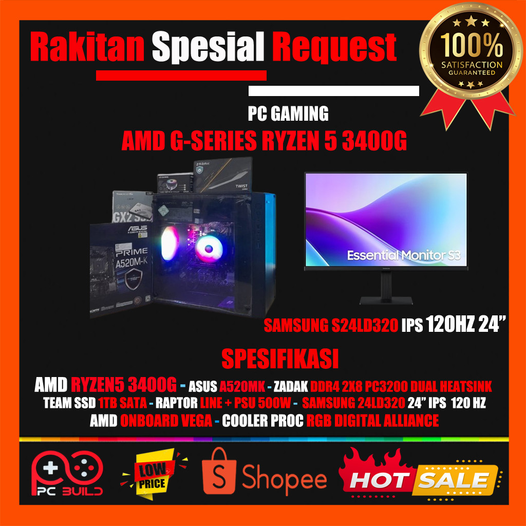 PC Design Amd Ryzen5 3400G Ram 16GB DDR4 SSD Wifi Monitor 24 120Hz - Rakitan Fullset
