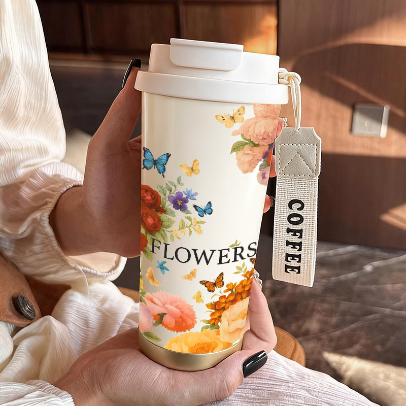 Romantic flowers and butterflies pattern 500ml dual-purpose cup for hot and cold drinks, portable in