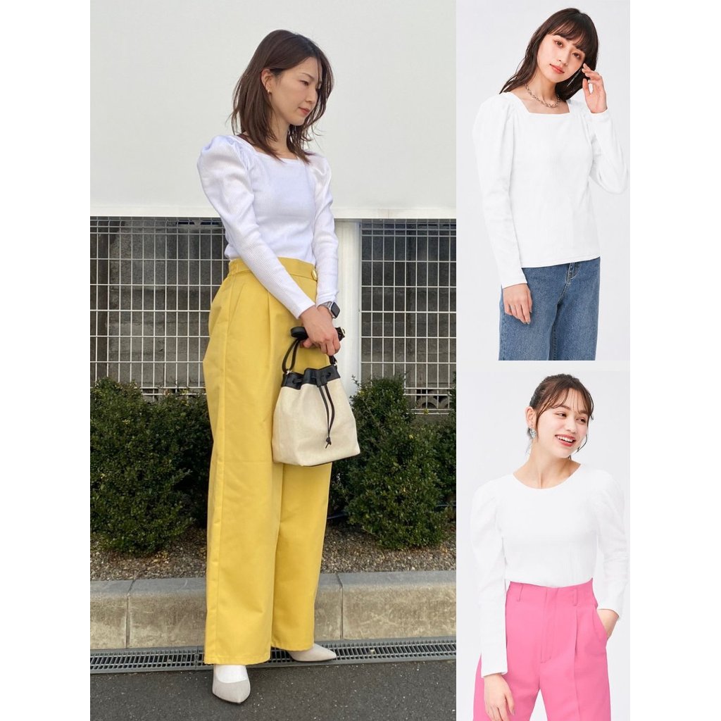 Kaos Bahan Rib Lengan Puff-Sleeve GU 2-Way Volume-Sleeve Ribbed Top - 2687