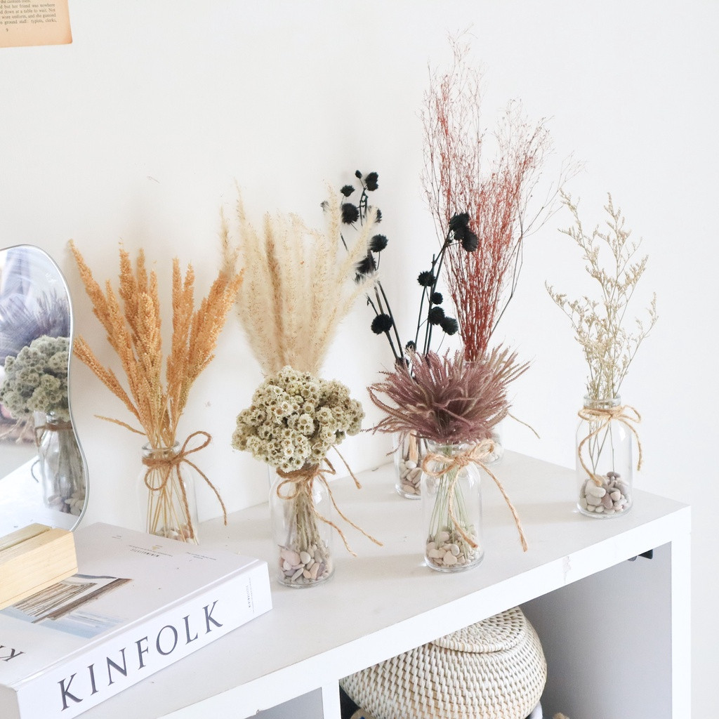 Satu set bunga kering aesthetic murah,  Vas + bunga kering , AESTHETIC DRIED FLOWER bunga kering dek