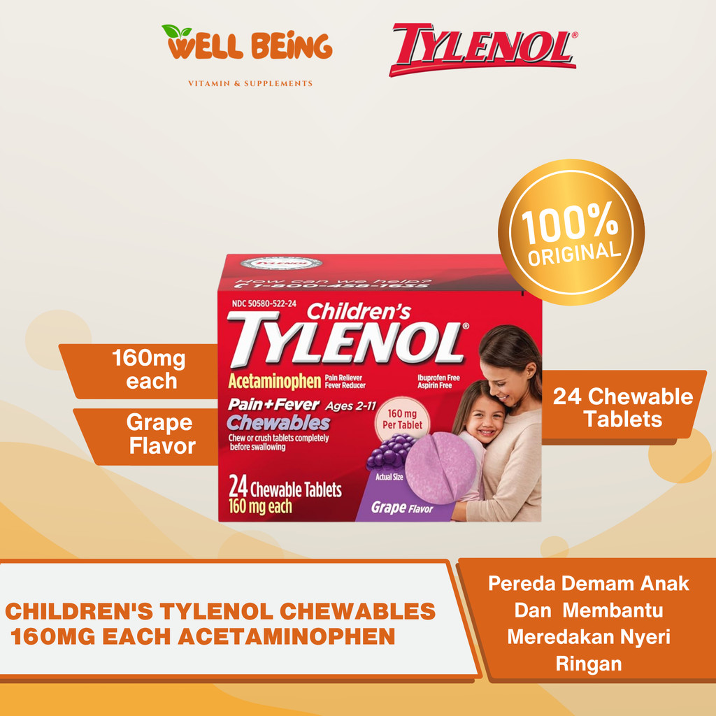 Tylenol Children's Chewables 160mg Each Isi 24 Chewable Tablets | WellBeing Original USA Nyeri & Dem