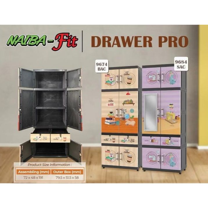 Naiba Pro 9684 / 9674 -  Lemari Plastik Naiba FIT Jumbo Kaca MIROR + Kunci FULL RAK | Cabinet Jumbo 