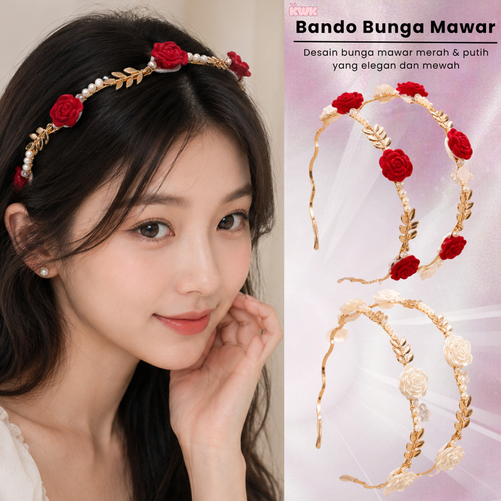 Headpiece Bando Bunga Mawar  Aksen Mutiara  | Bando Mutiara Mewah Elegan