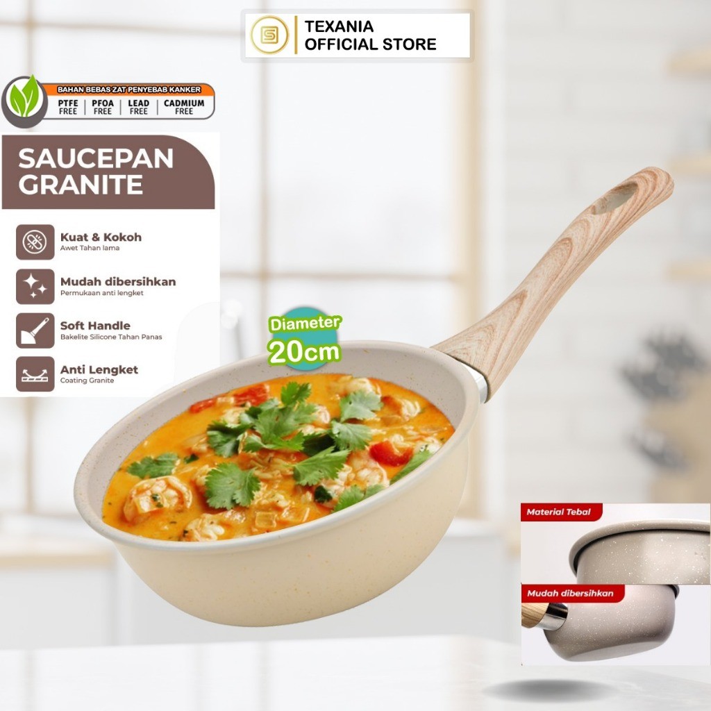 

Termurah TEXANIA Wajan Panci 20 cm Anti Lengket, Saucepan Panci,Wajan Anti Lengket Warna Cream Stainless Steel Kitchenware