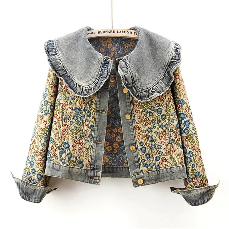 Spring Autumn Jacquard Embroidery  Denim Jacket Women Loose Short Cowboy Outerwear Casual Peter Pan 